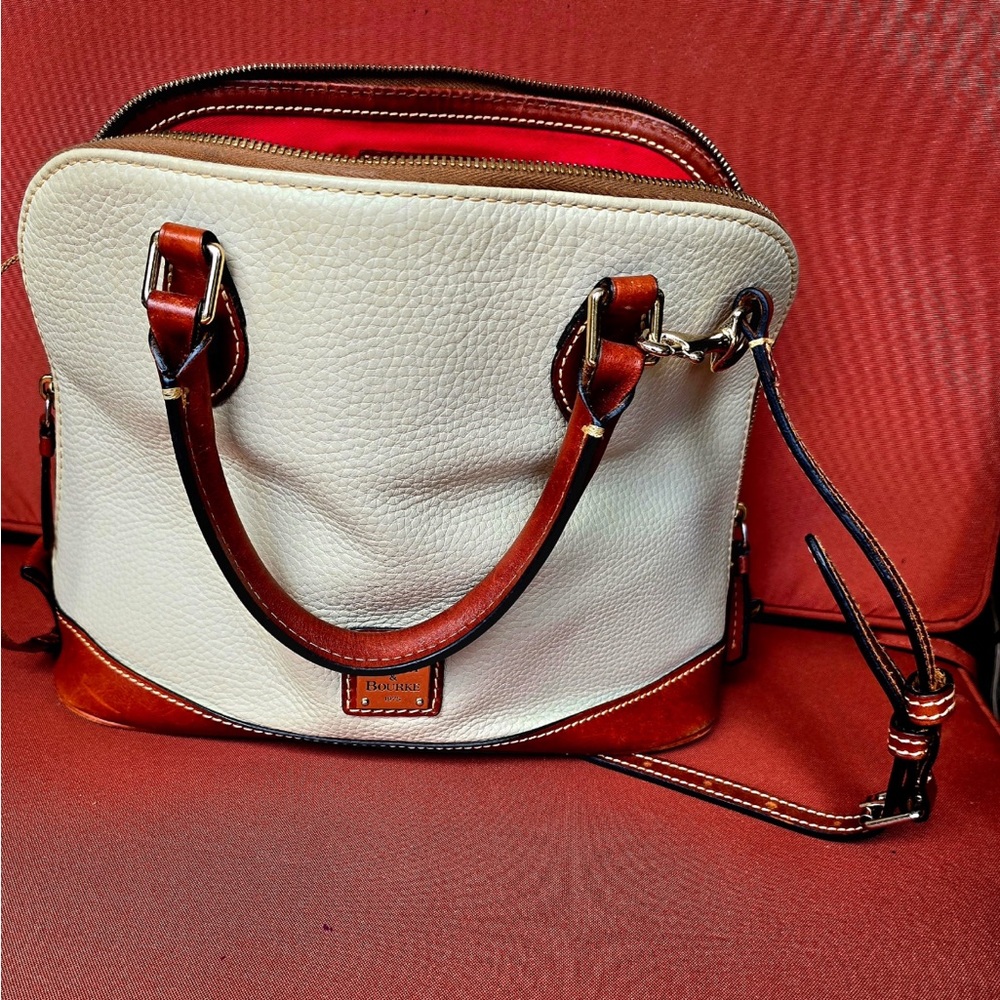 Dooney & Bourke Cream Pebble Leather Satchel with Brown Trim